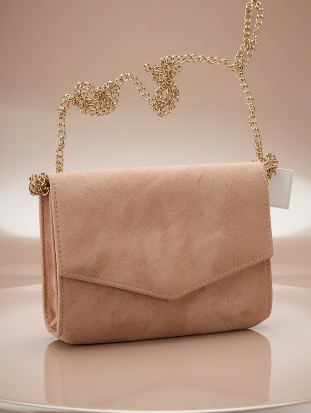 Ixebella NWOT dusty rose pink suede clutch & shoulder strap, gold color chain